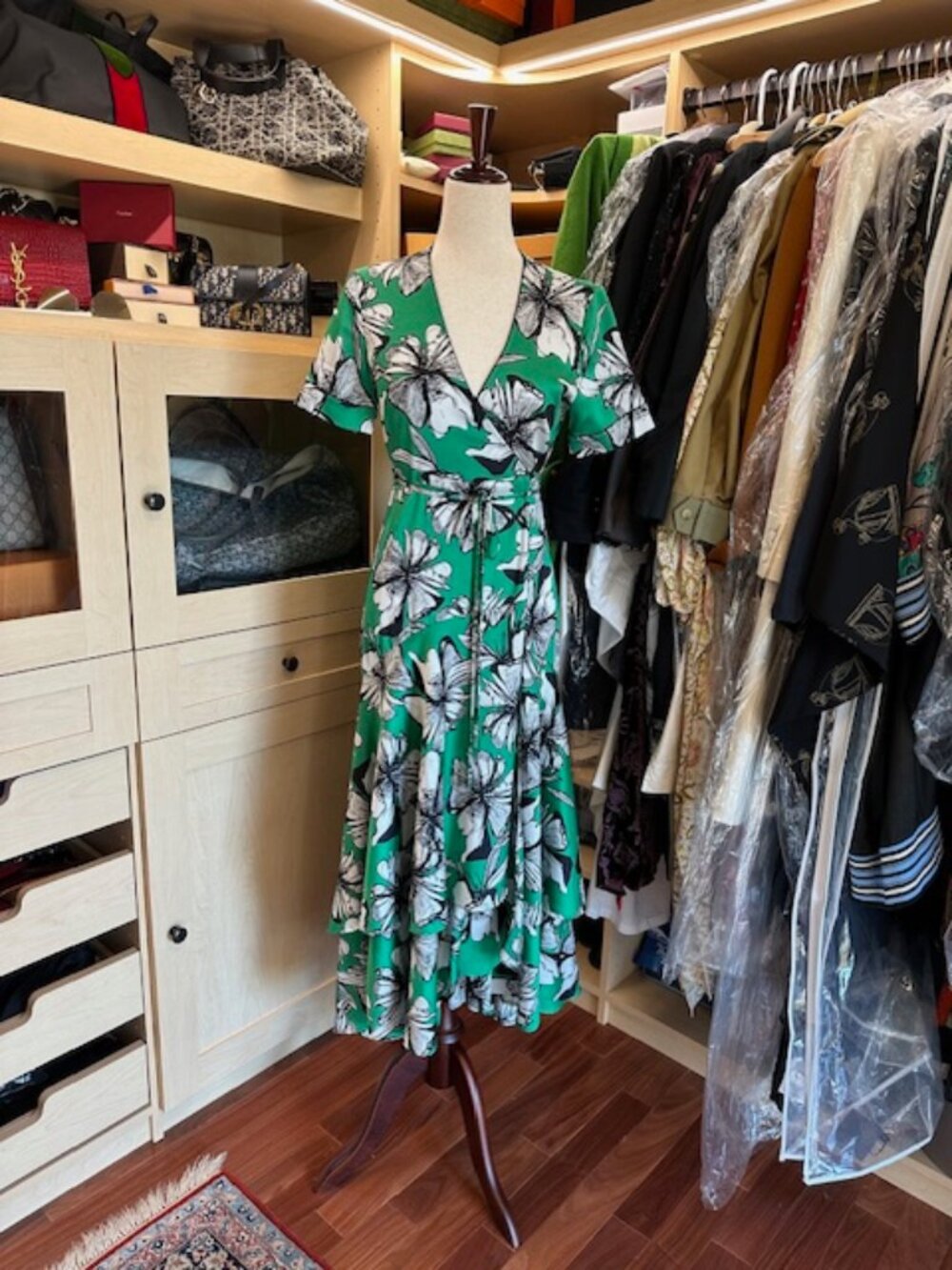 Alexis Deanna floral wrap tier high/low dress green XS